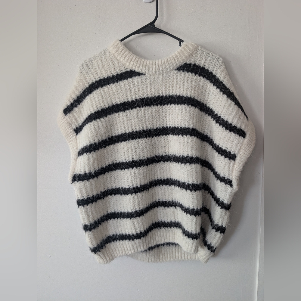 Olivaceous Striped Wool Women's Short Sleeve Sweater Size L